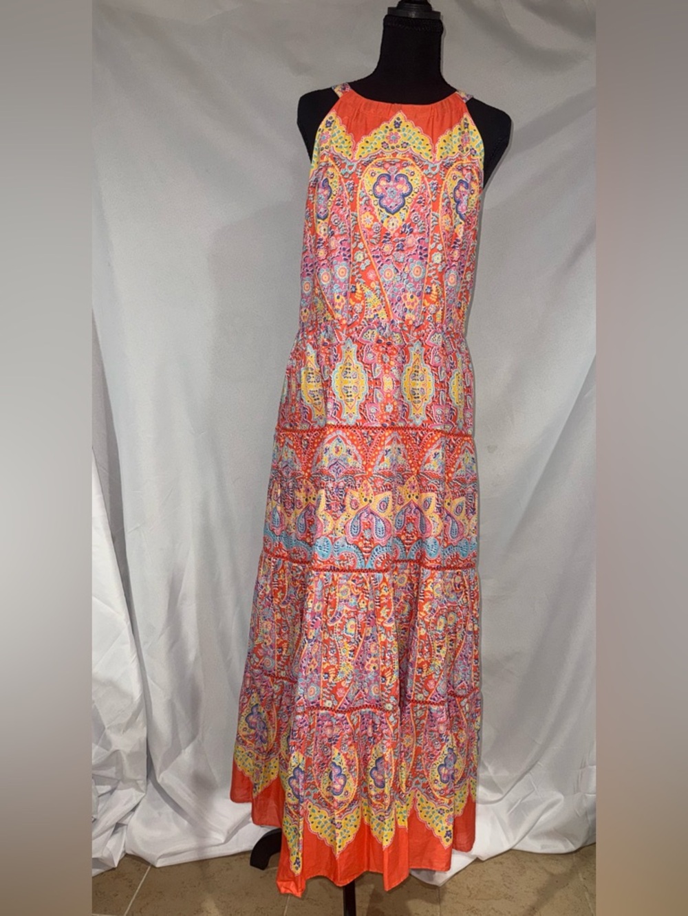Talbots Orange Multicolor Paisley Halter Maxi Dress with Tiered Skirt